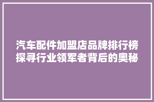 汽车配件加盟店品牌排行榜探寻行业领军者背后的奥秘  第1张